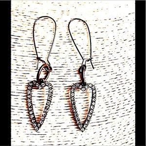 LONG RHINESTONE HEART EARRINGS CRYSTAL GOLDEN BRASS BIG WIRES or REGULAR   WIRES